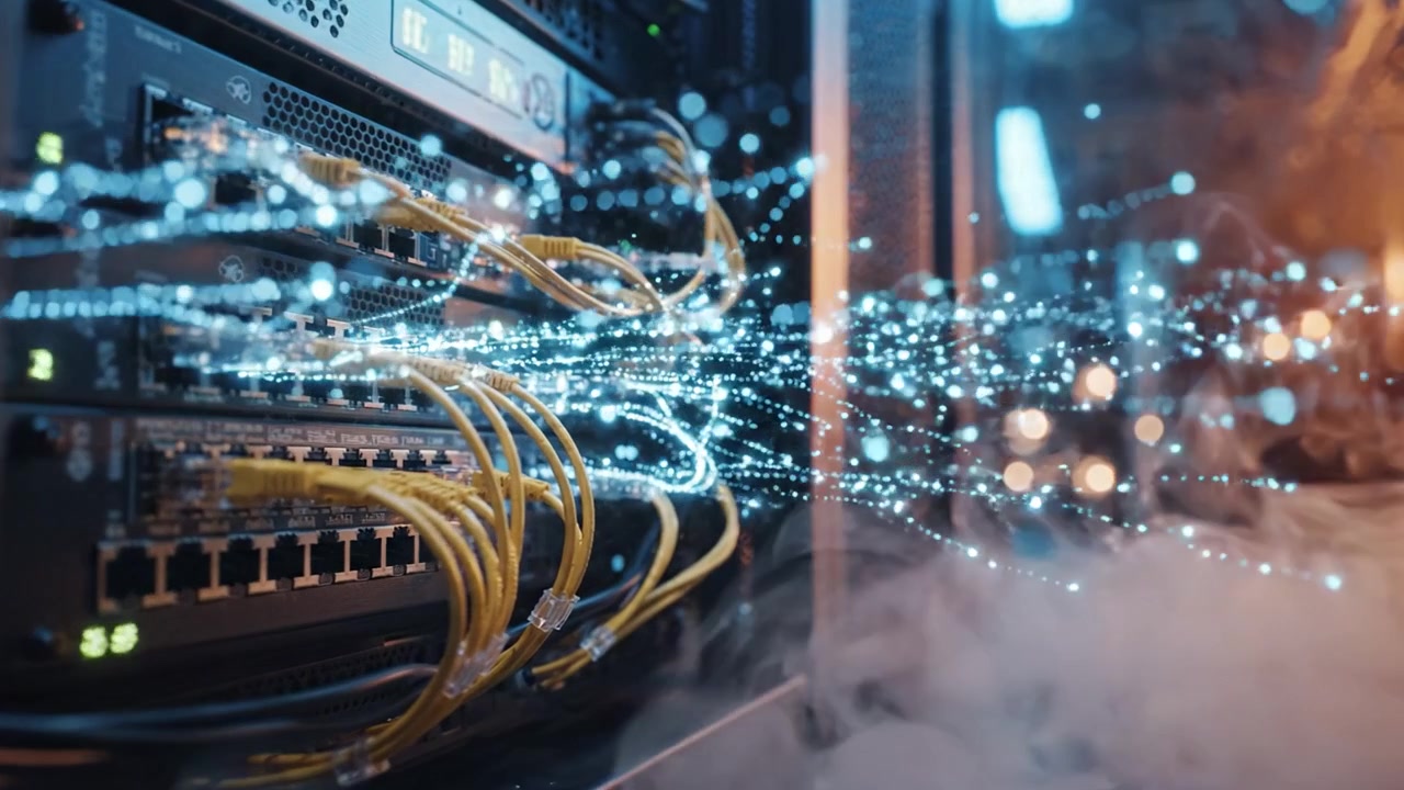 Innovative Data Center Infrastructure with High-Performance Servers and Fiber Optic Cabling Surrounded by Enigmatic Smoke and Ambient Lighting Effects