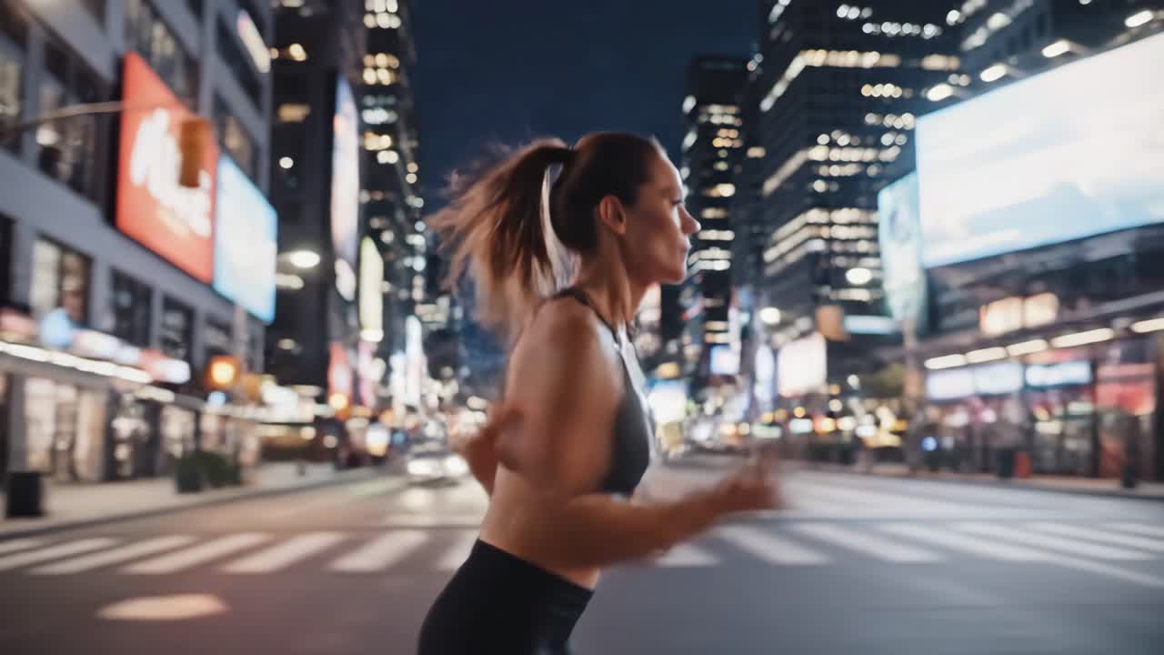 Woman running in the city at night