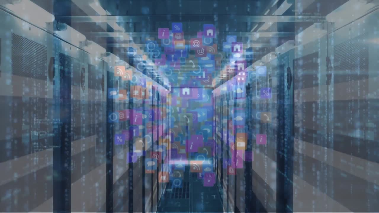 Animation of globe with icons and data processing over server room