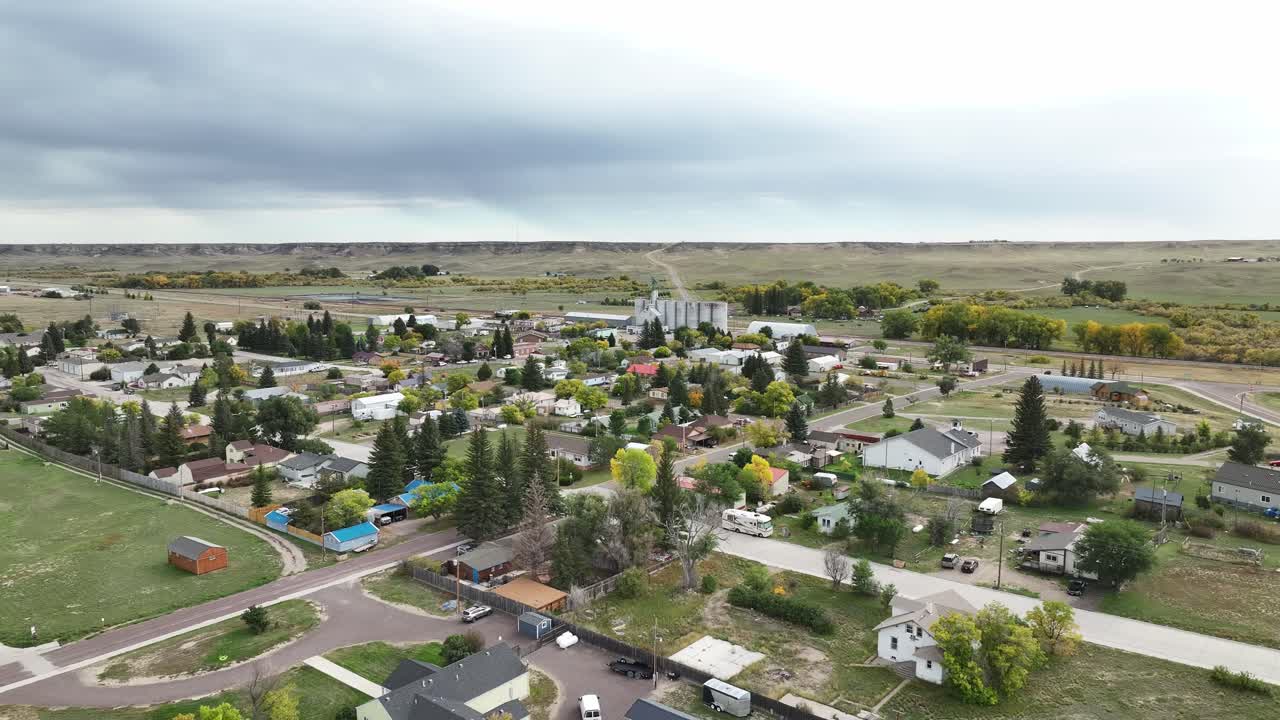 Chugwater Wyoming aerial town view orbital wide angle lens