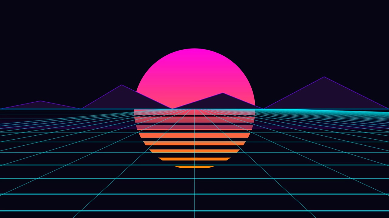 Paesaggio in stile Retro Synthwave con sole luminoso e griglia