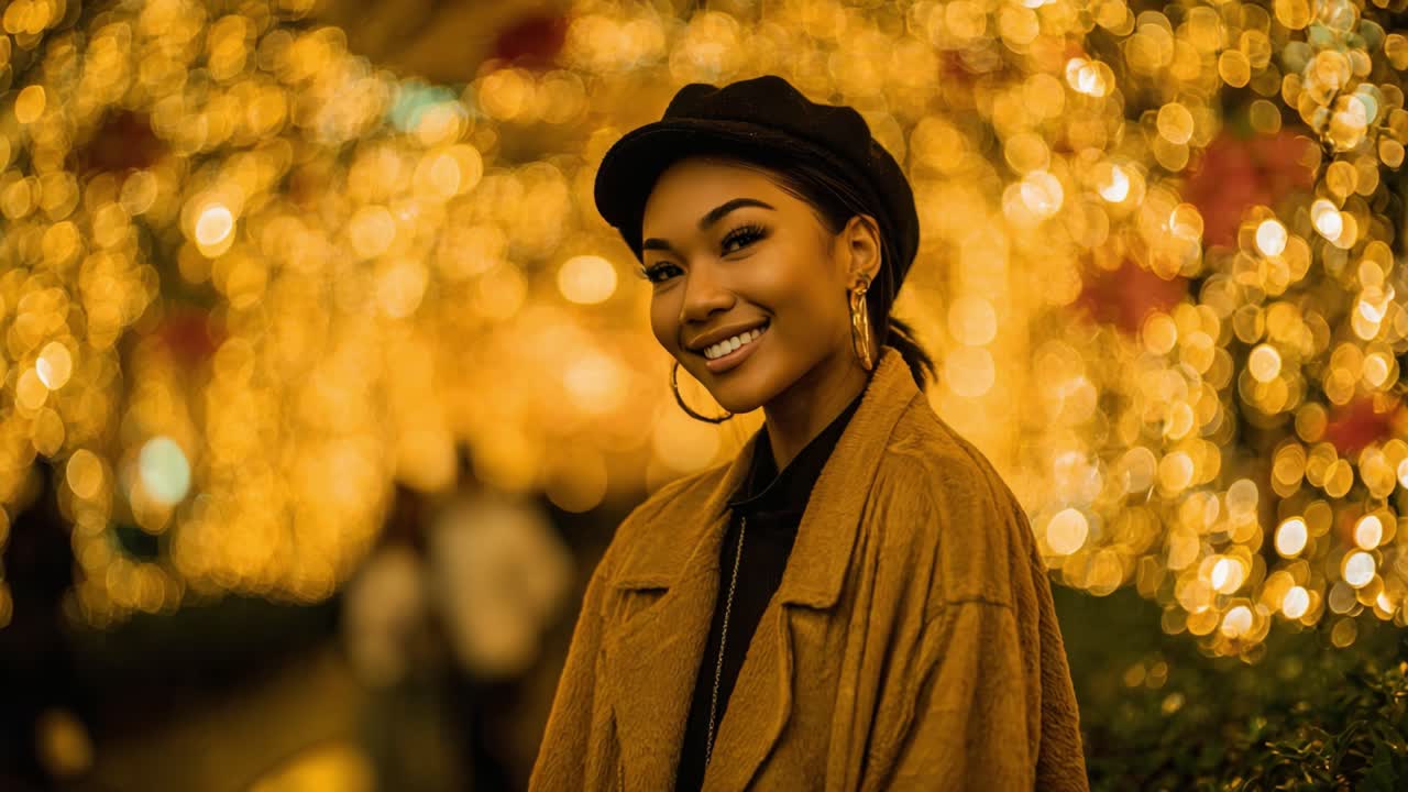 A Smiling Young Woman Captured Amidst Glowing Lights, Exuding Joy and Elegance in a Festive Atmosphere at a Vibrant Evening Gathering