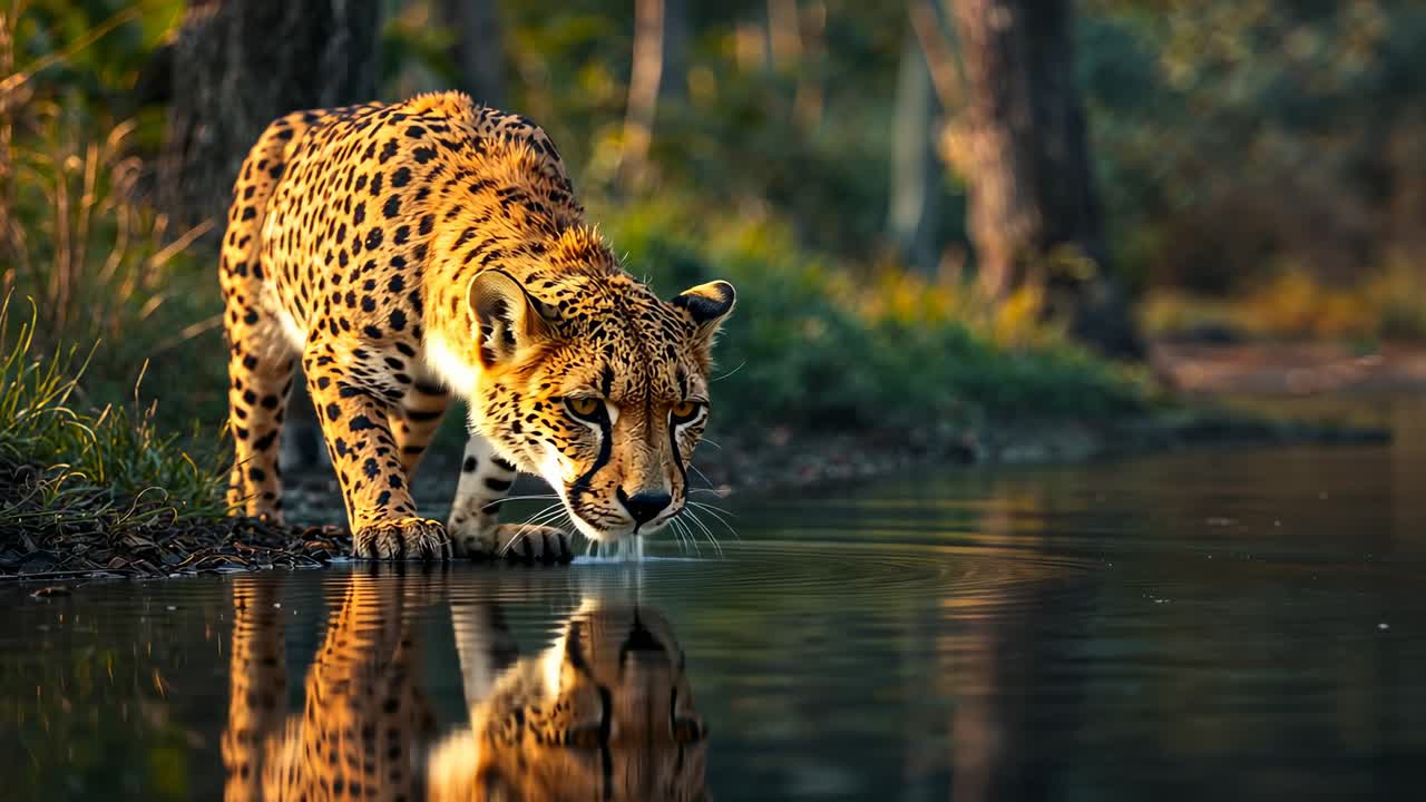 Spotting reflection cheetah stepping toward grassy forest waterhole, lapping water to quench thirst