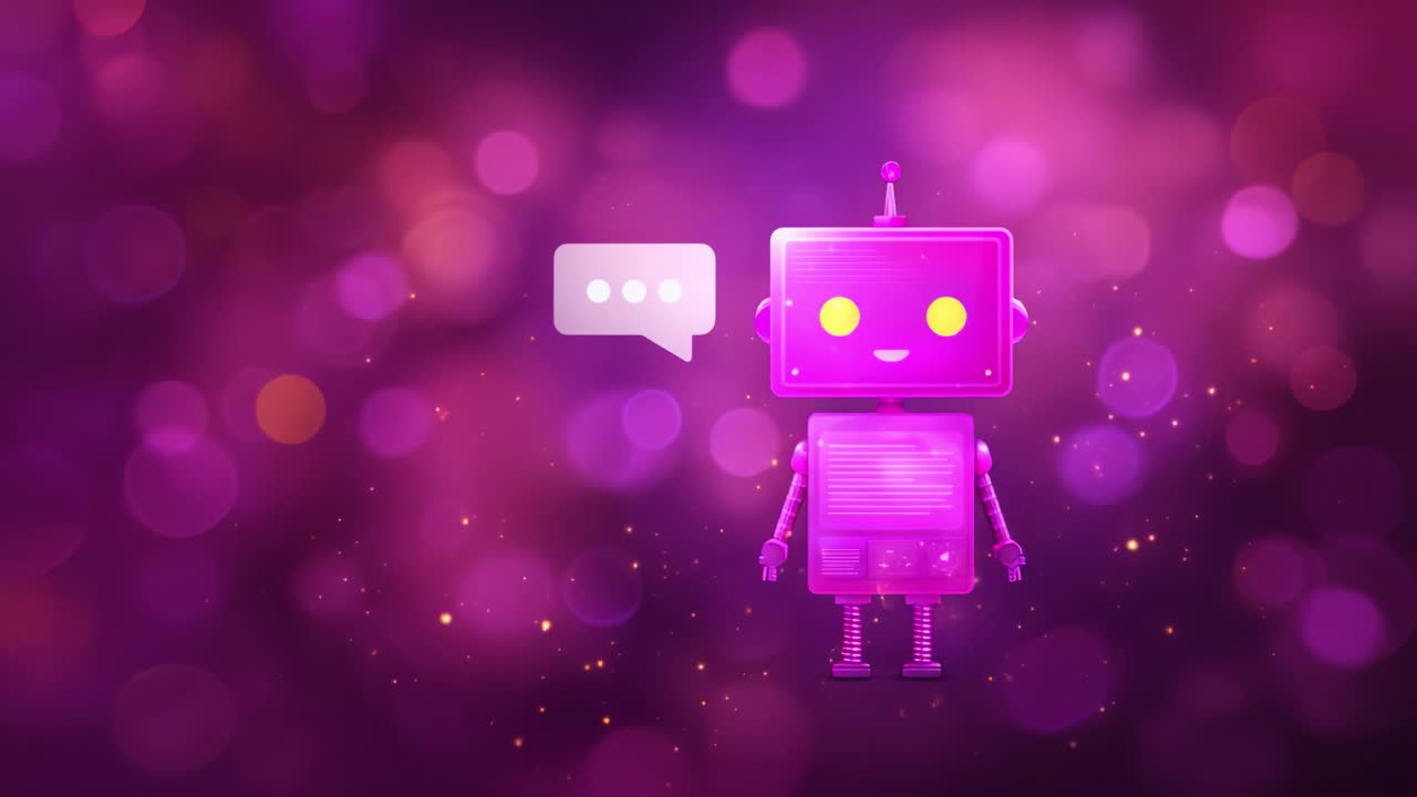 A playful and colorful robot character stands out against a vibrant purple background, embodying the essence of digital communication with a speech bubble and expression of joy