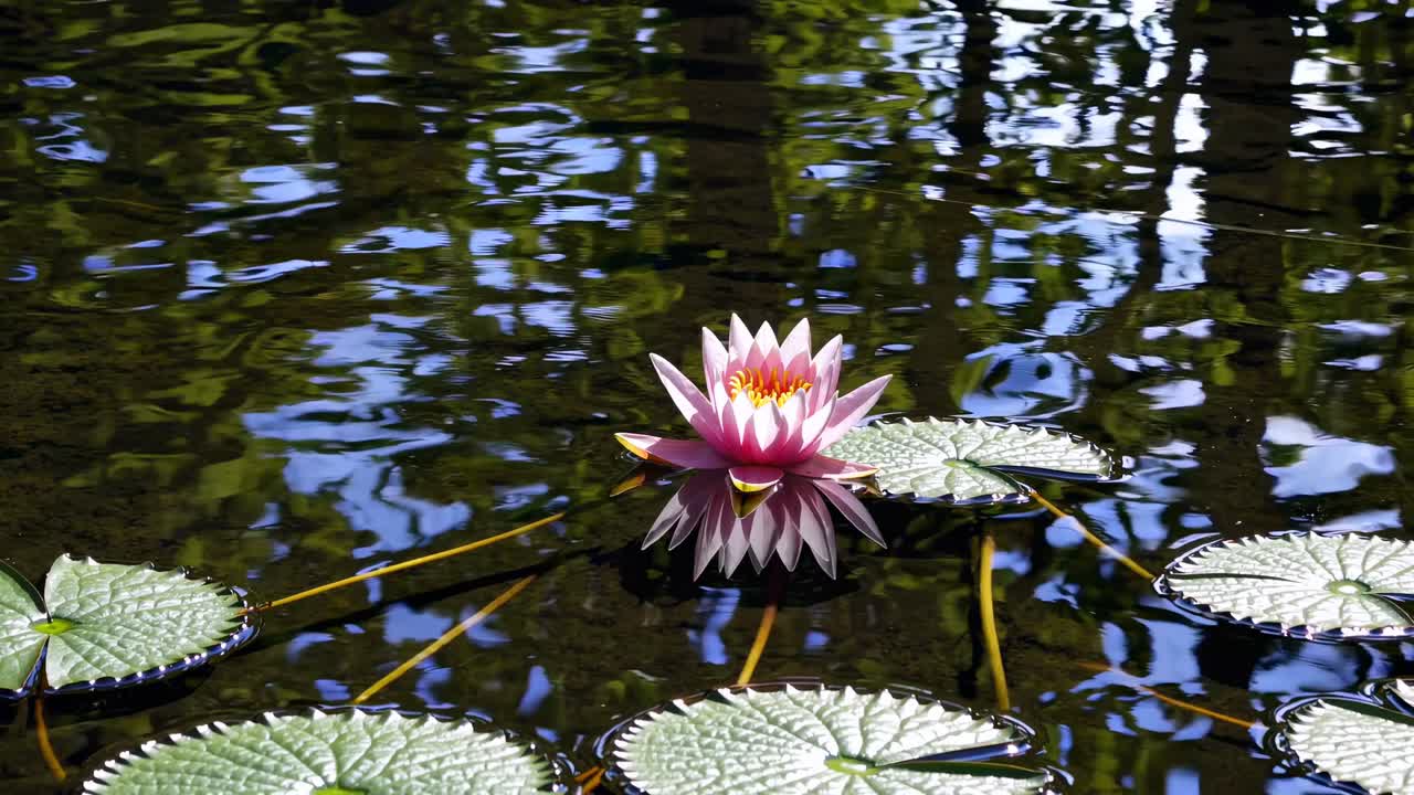 A serene video of a pink water lily in a pond, captured from a high angle, showcasing reflections