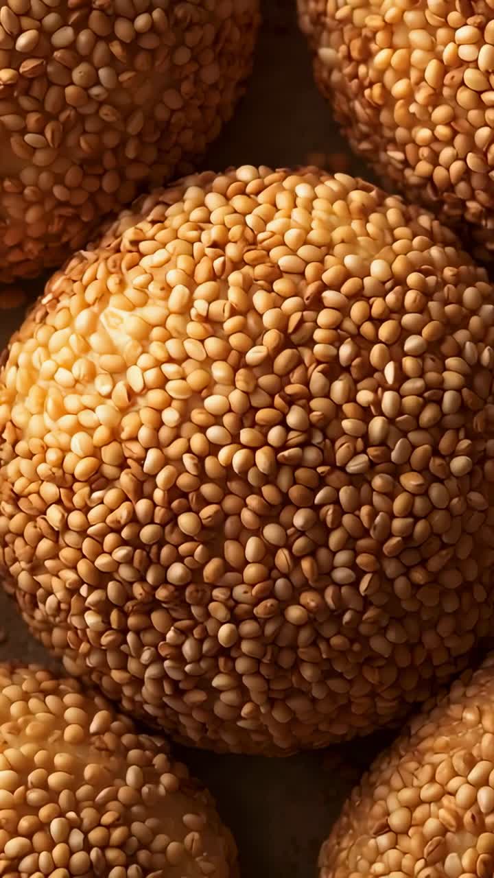 Vertical video: Zooming camera showing centered sesame ball on bakery tray, highlighting seeds