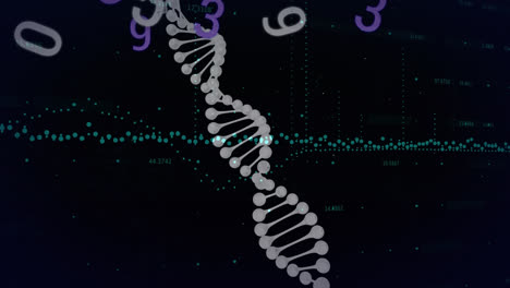 animation of rotating dna strand over graph and numeric data processing on black background