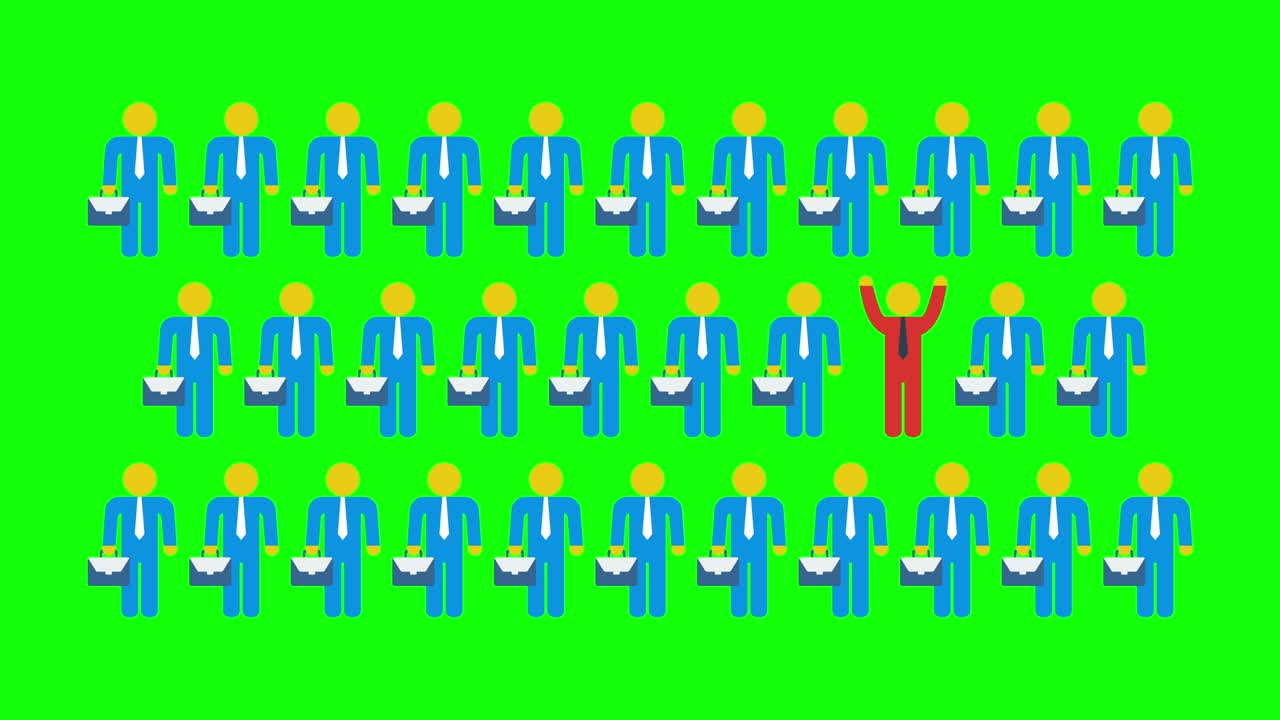Think different concept with people and one out out of crowd jumping with hands up