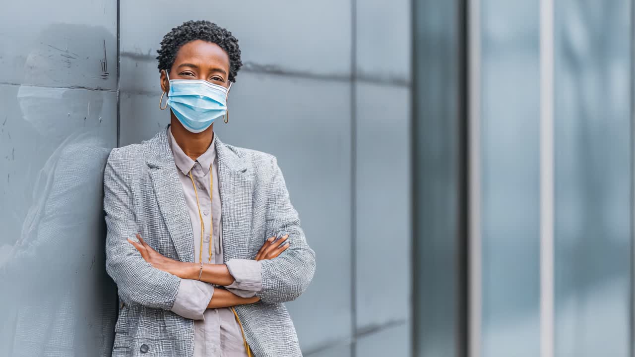 A confident woman wearing a mask leans against a sleek building facade, showcasing determination and resilience in a contemporary urban environment during challenging times