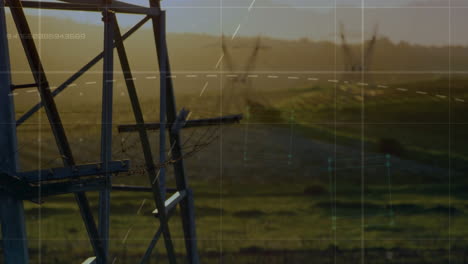 animation of data processing and squares over landscape with electricity pylons