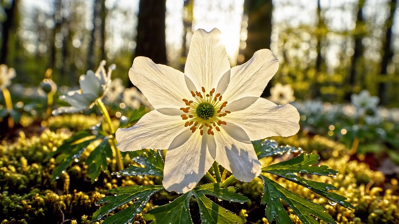 Hvitveisblomst i skogen ved soloppgang under den gylne timen.