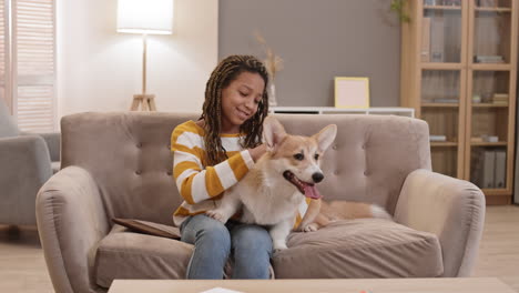 corgi sitting on knees of girl