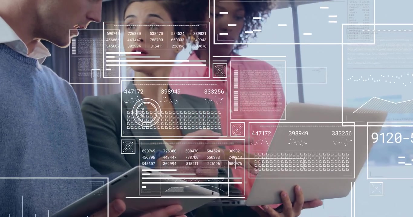 Colleagues watching animated business data overlays popping on laptop tapping tablet for analysis