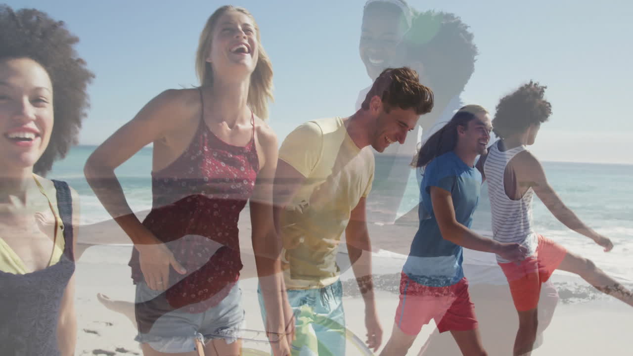 Smiling friends walking on beach with overlapping joyful moments animation