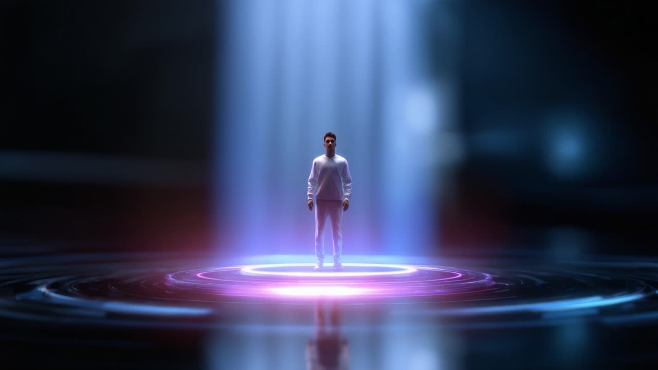 A figure emerges from a glowing circular platform of light, showcasing a futuristic scene filled with vibrant colors and a mystical atmosphere of enhancement and energy