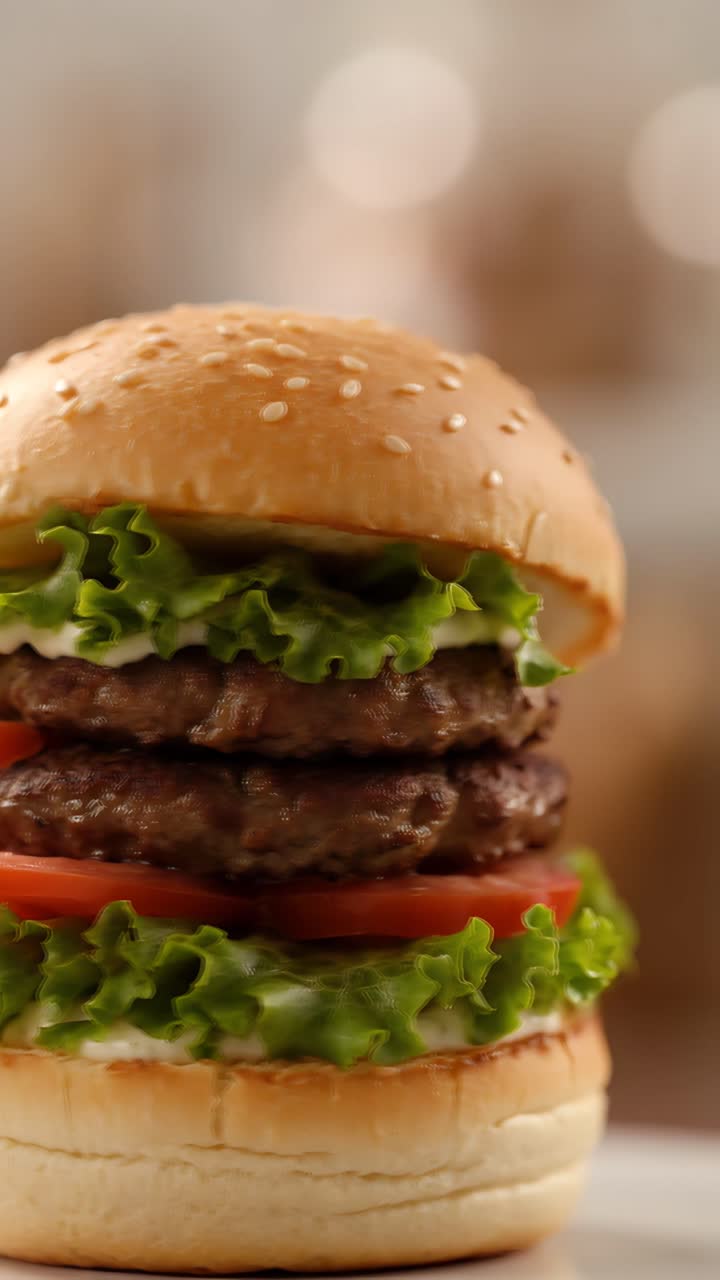 Hamburger Succoso Primo Piano Sfondo Bokeh 4K