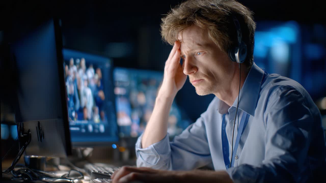 A Frustrated Individual Stares at a Computer Screen, Overwhelmed by an Emotionally Charged Situation, Struggling to Process the Information Presented to Him