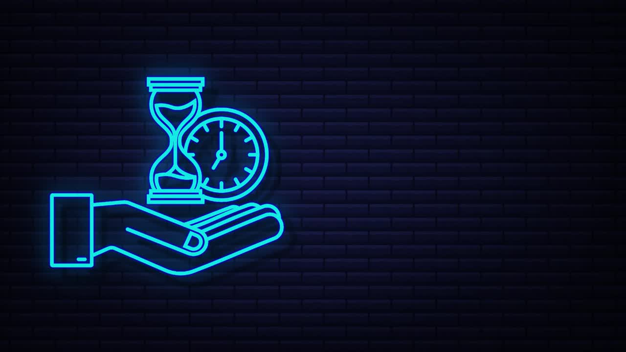 Neon Timer and money in hands. Clock and bag, time is money, fast loan, payment period, savings account. motion graphic