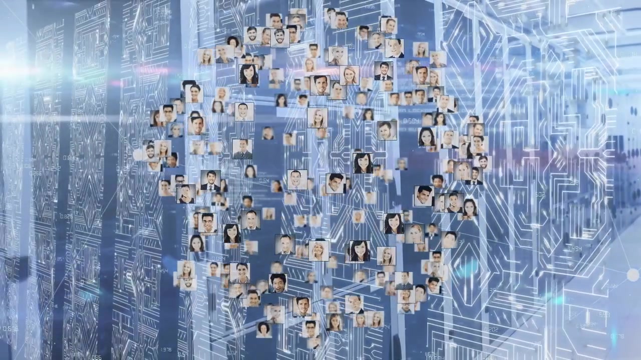 Animation of globe made of user photos rotating over data processing over servers