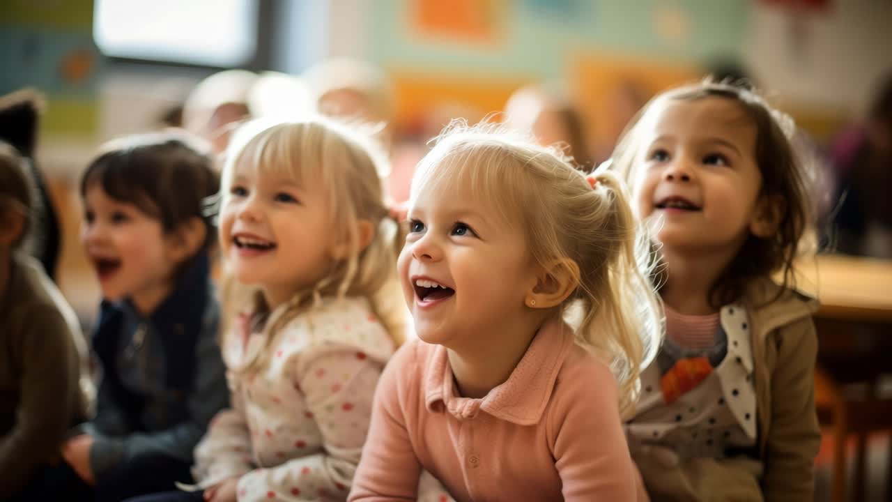 A lively video captures joyful children in a classroom setting, shot from a low angle to emphasize