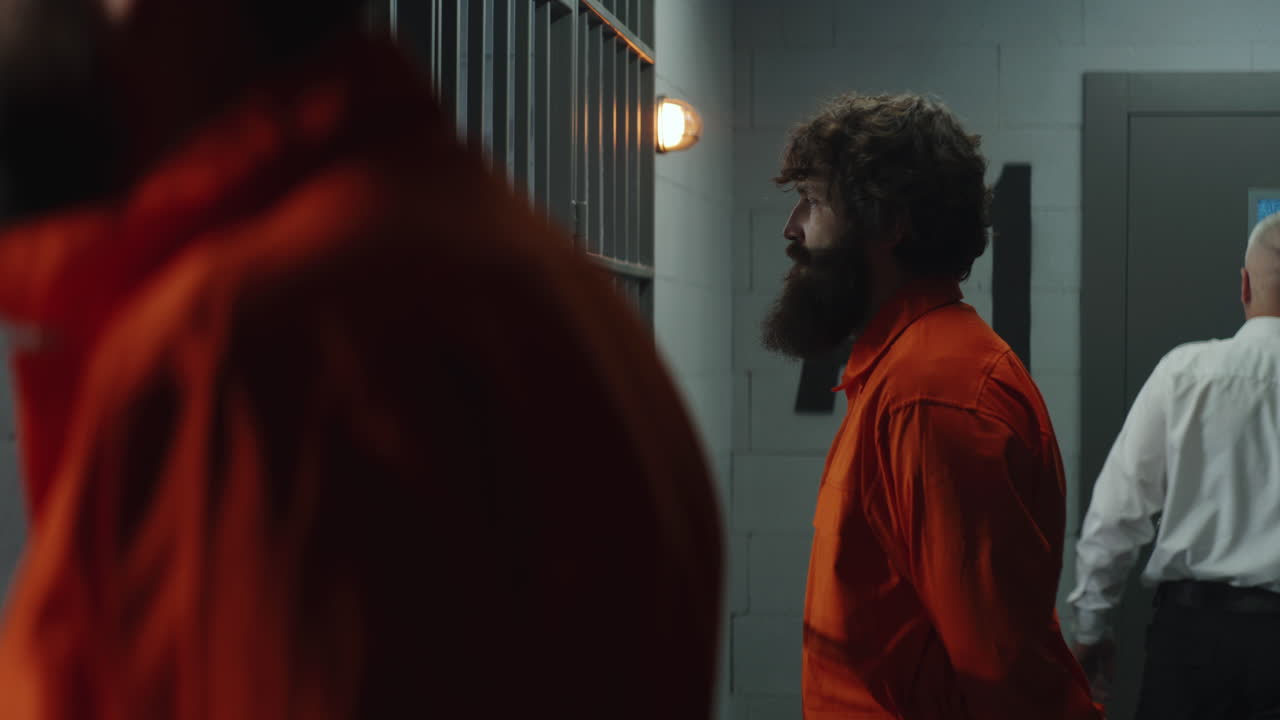 el carcelero con el bastón de la policía camina observa a los criminales en la cárcel