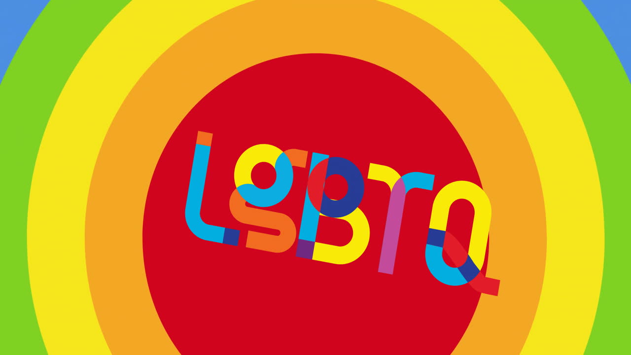 LGBTQ-tekst animeres over en baggrund med farverige koncentriske cirkler