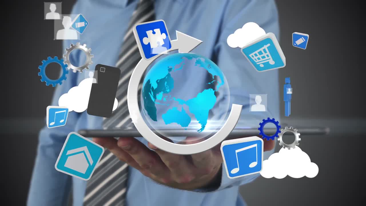 hombre de negocios usando una tableta para ver un holograma