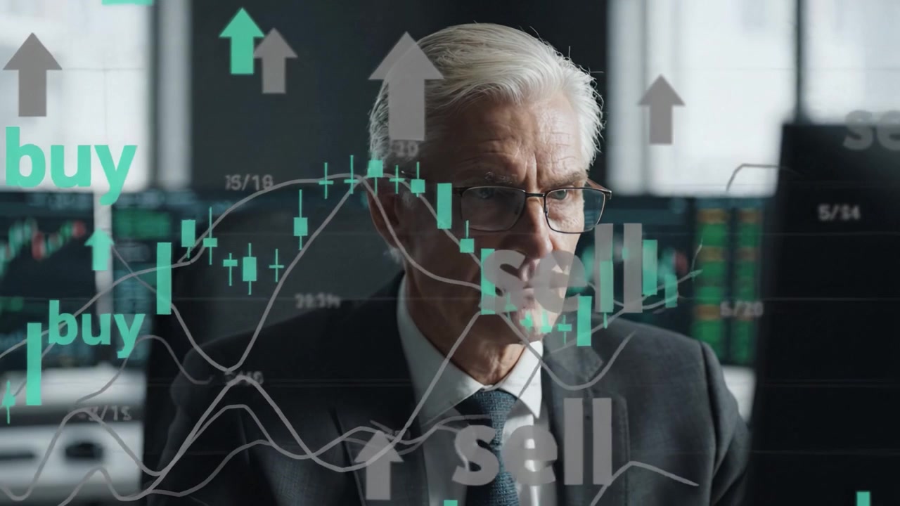 Empresário Focado analisando tendências do mercado de ações com visualização de dados na tela em um ambiente de escritório moderno, exibindo o processo de tomada de decisão financeira