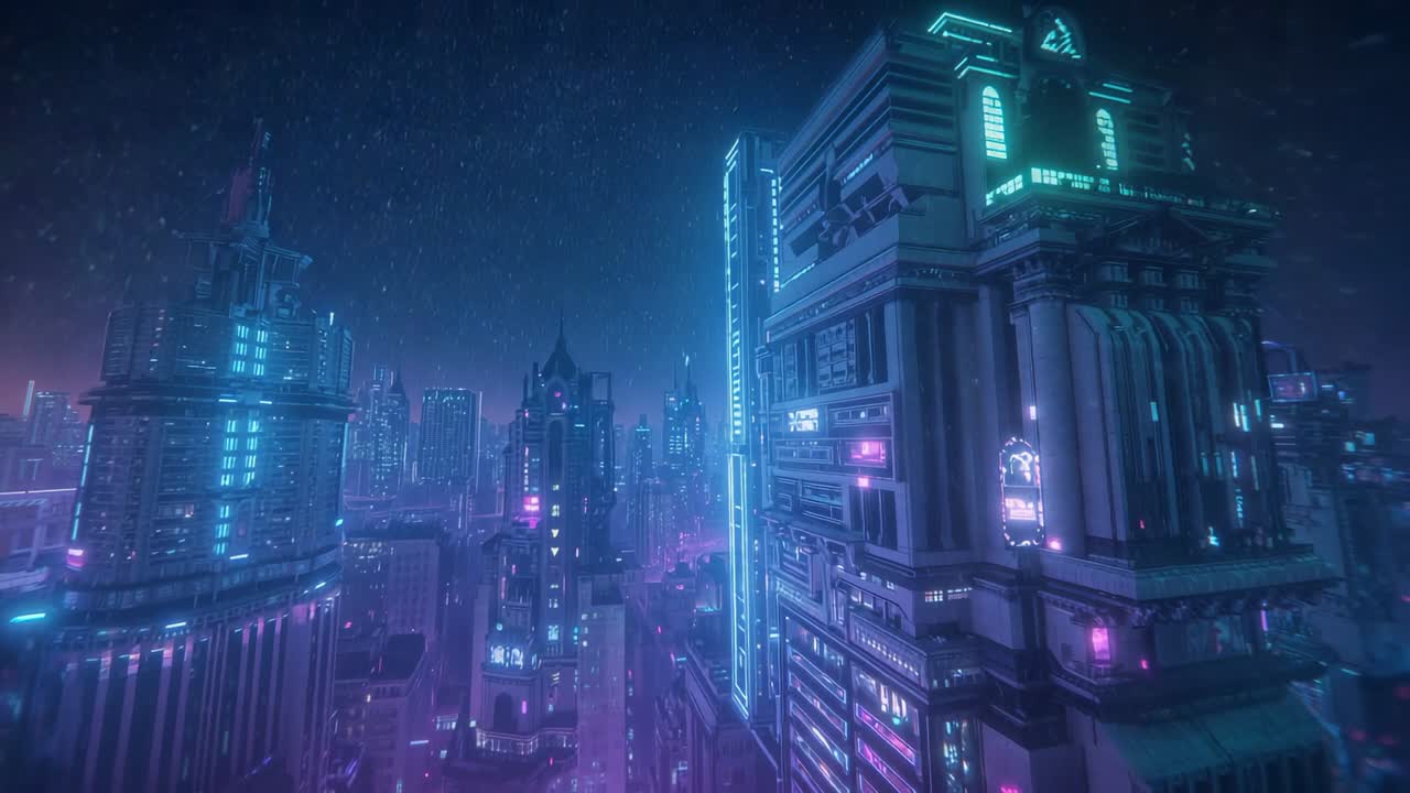 Panning aerial view revealing LED-lit skyscraper in rainy futuristic city, triggered by clip start