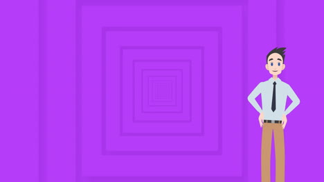 animación del icono del hombre sobre cuadrados púrpuras