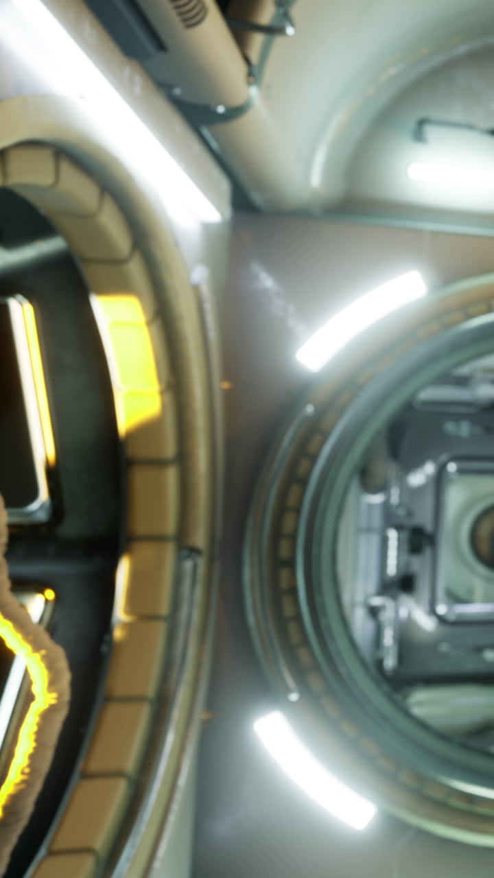 Spaceship interior with bright lights showing equipment and control panels
