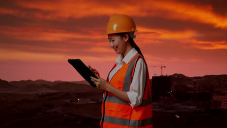 ingeniera trabajando en un sitio de construcción al atardecer