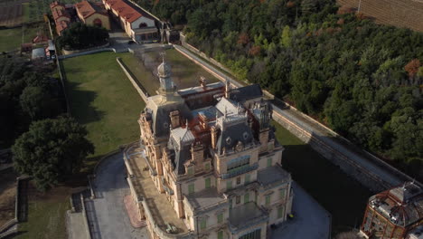 aerial view of abandoned mansion and estate