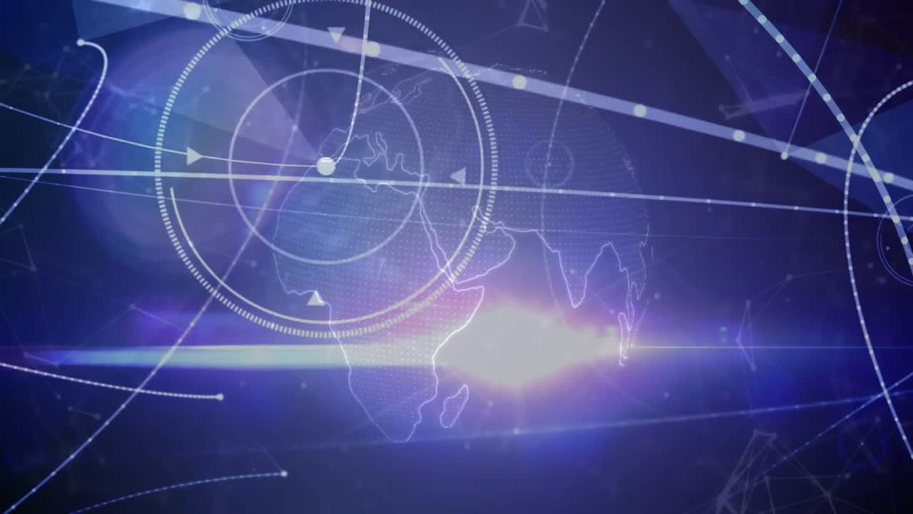 Particles starting wireframe globe emerging rotating and linking nodes while showing data network