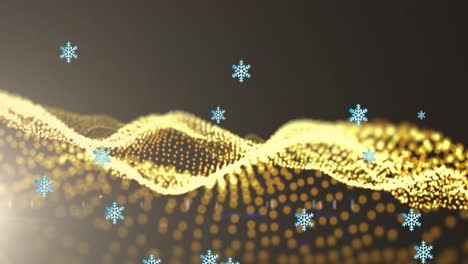 Animation-of-digital-snowflakes-falling-over-illuminated-golden-light-waves-against-black-background