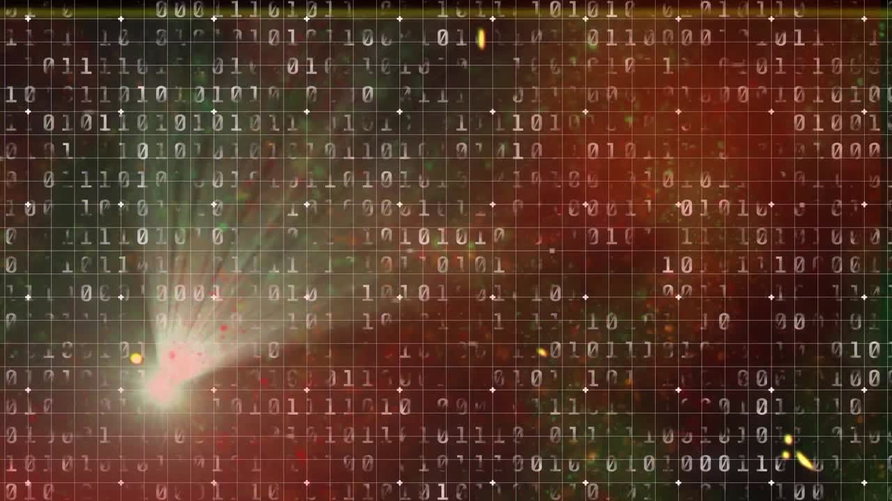 Animation of binary code and glitch on dark background with light