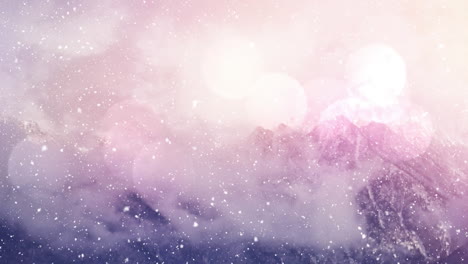 digital animation of spots of light against snow falling on winter landscape with mountains