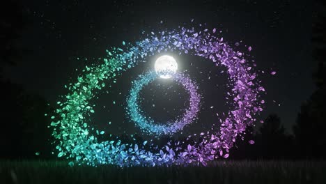 a mesmerizing display of vivid colors and radiant light as leaves whirl around a shining moon under a starry night sky, creating a magical scene of nature and wonder