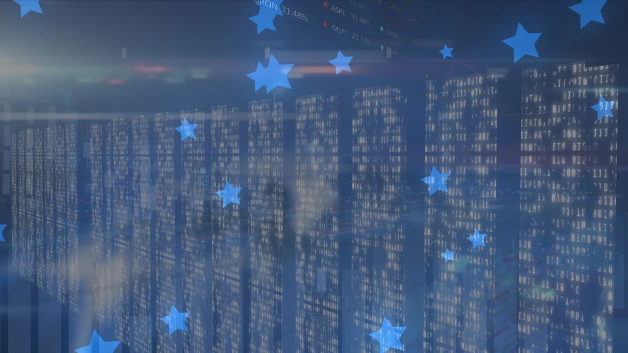 Animation of data processing and stars on navy background