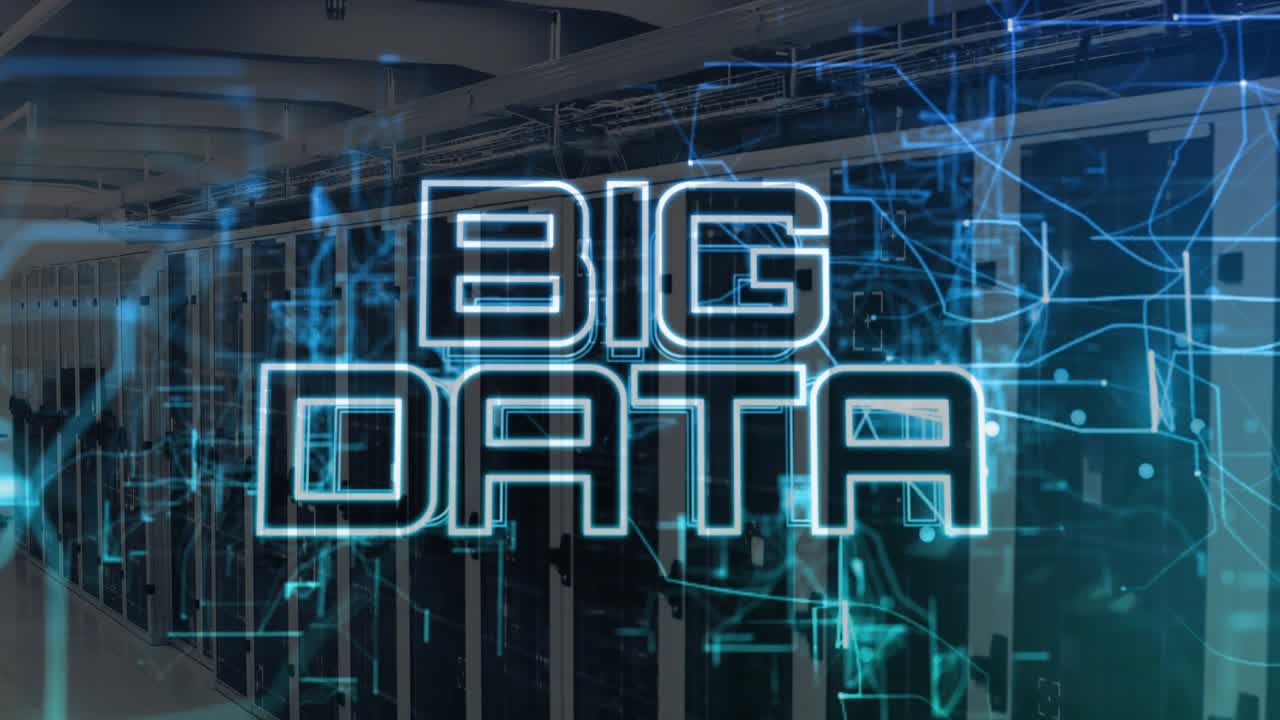 Flickering lights starting glowing circuits overlaying server racks, forming neon-blue BIG DATA