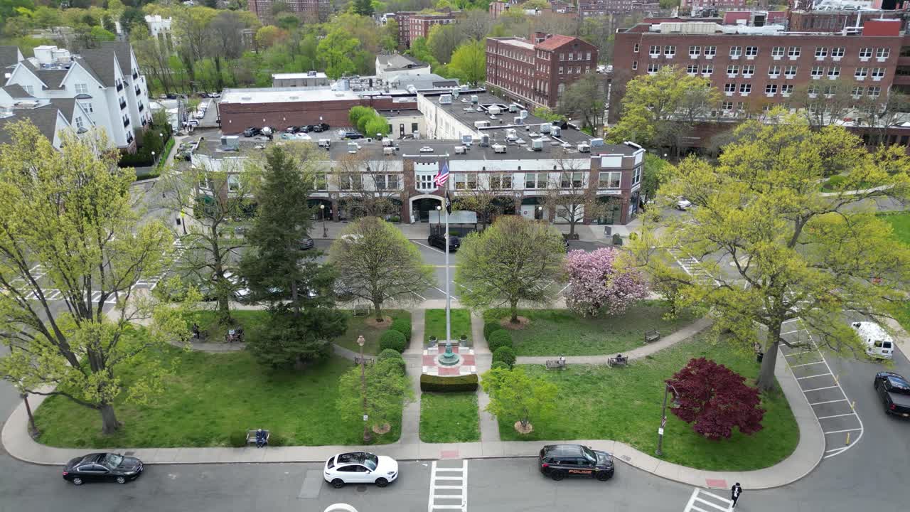 Aerial View of Pleasantville Town Square in Spring