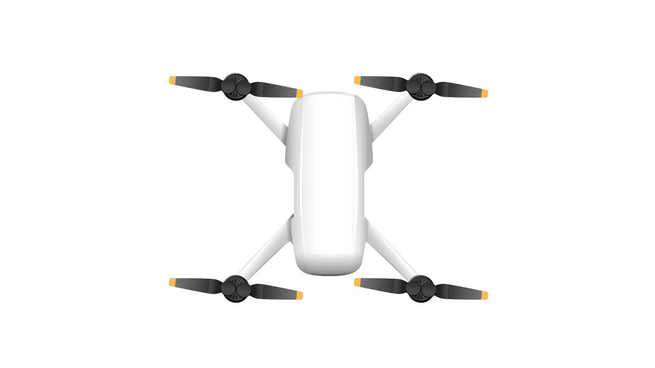 Aerial drone rotates smoothly in a top-down view, showcasing fluid motion and symmetrical design in a minimalist style