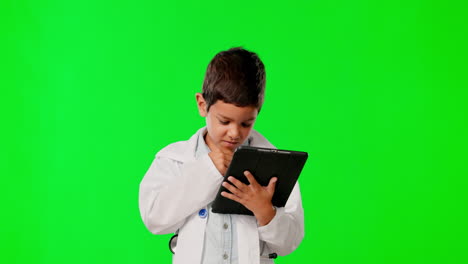 Thinking,-tablet-and-a-child-doctor-on-a-green