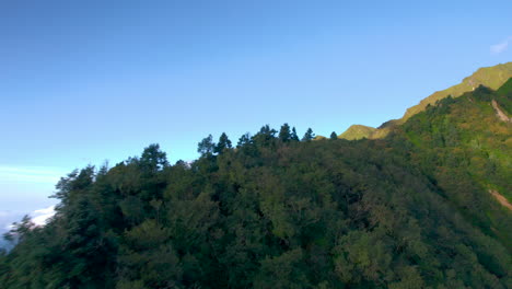 Nepal's-FPV-drone-shot-of-green-landscape,-trees,-ridges,-Morning-sunrays-Nature