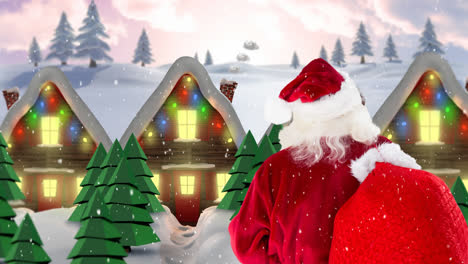 santa clause in front of decorated houses in winter scenery combined with falling snow