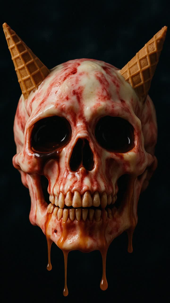 Ice cream dripping from a skull, featuring waffle cones as twisted horns, creates a spooky and surreal dessert scene set against a dark, mysterious backdrop