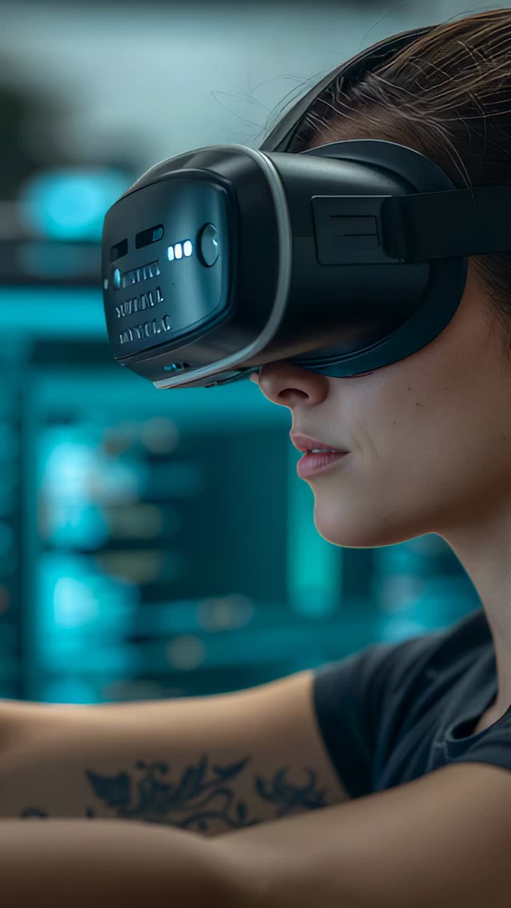 Vertical video: LED pinging woman in VR headset reaching at desk, using teal UI, tattoo