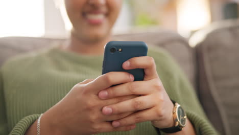 home phone, hands typing and woman relax