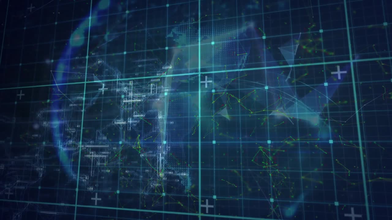 On node linking by drifting polygons, wireframe globe forming, rotating over grid showing network
