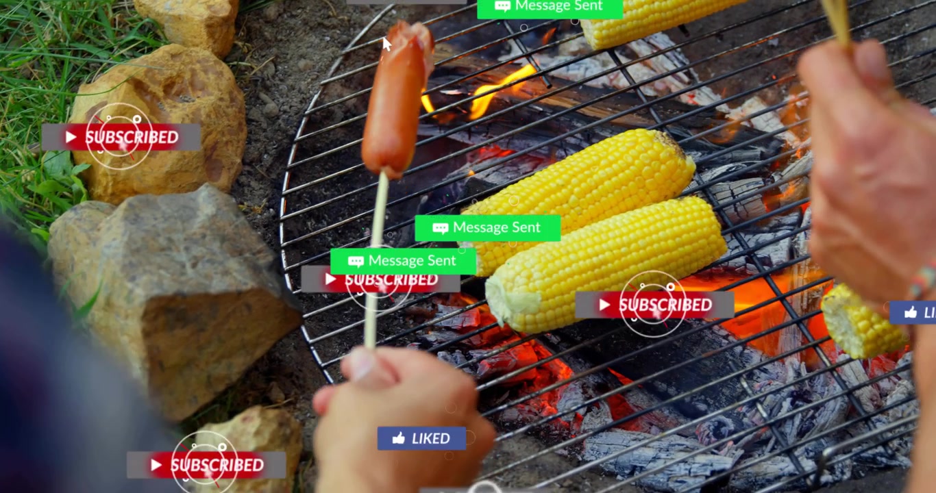 Rotating hands turning skewers and corn over coals at fire pit with hiking shoes, showing alerts